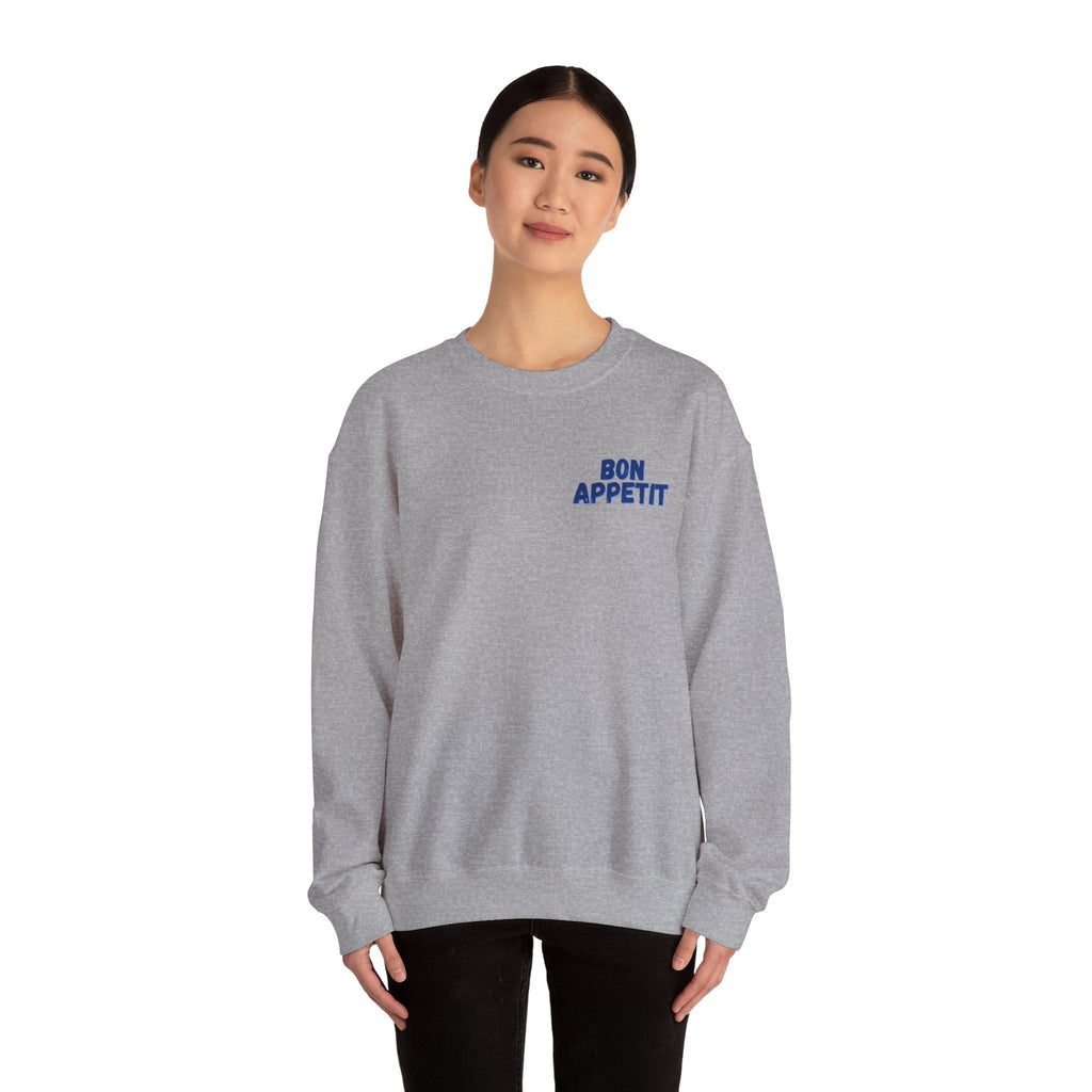Crewneck Sweatshirt — 'Bon Appettit' Pancake Smile Back Graphic