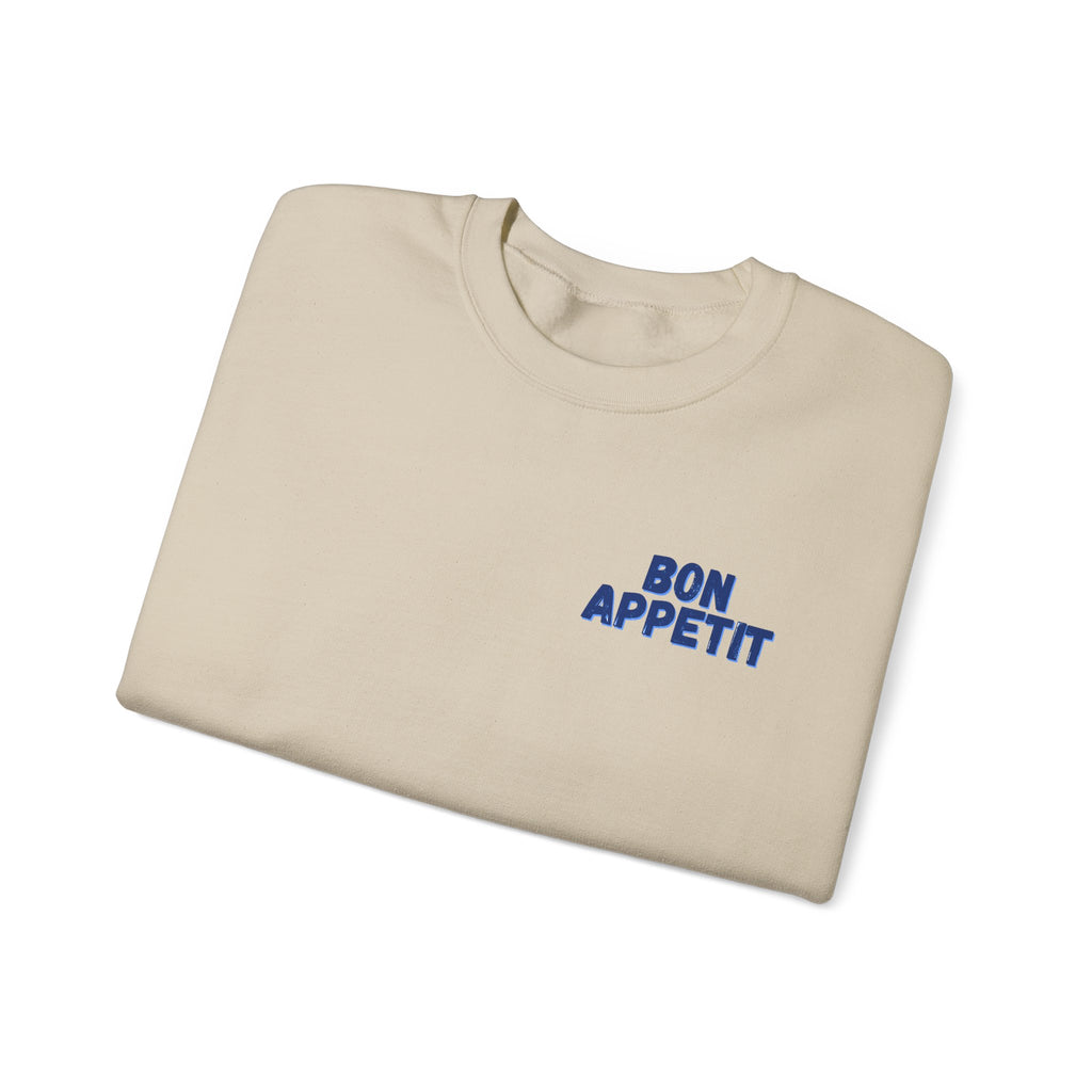 Crewneck Sweatshirt — 'Bon Appettit' Pancake Smile Back Graphic
