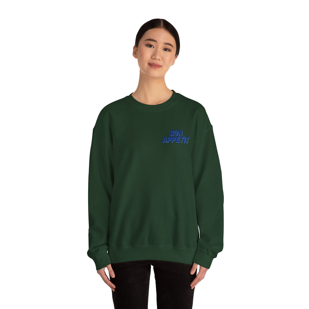 Crewneck Sweatshirt — 'Bon Appettit' Pancake Smile Back Graphic