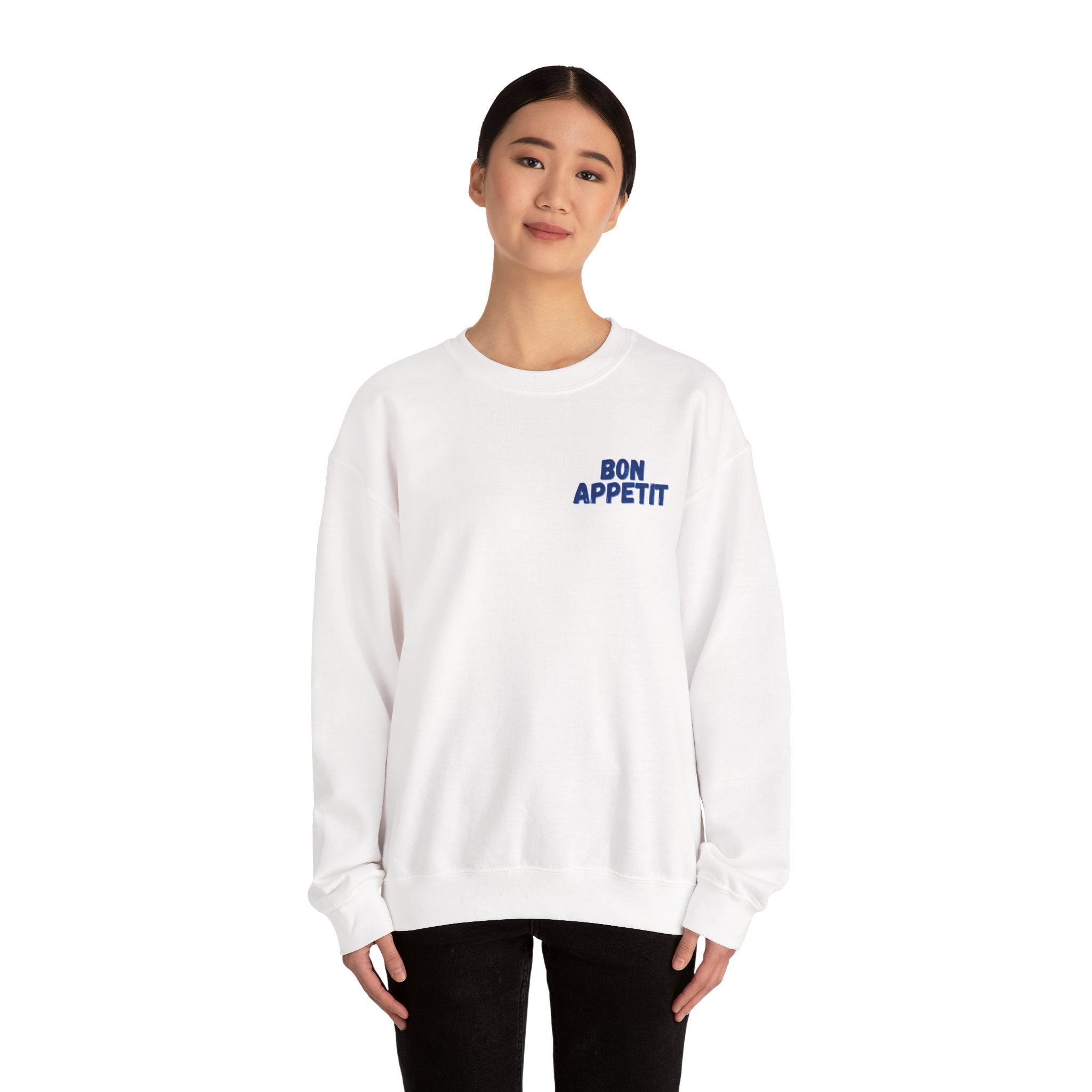 Crewneck Sweatshirt — 'Bon Appettit' Pancake Smile Back Graphic