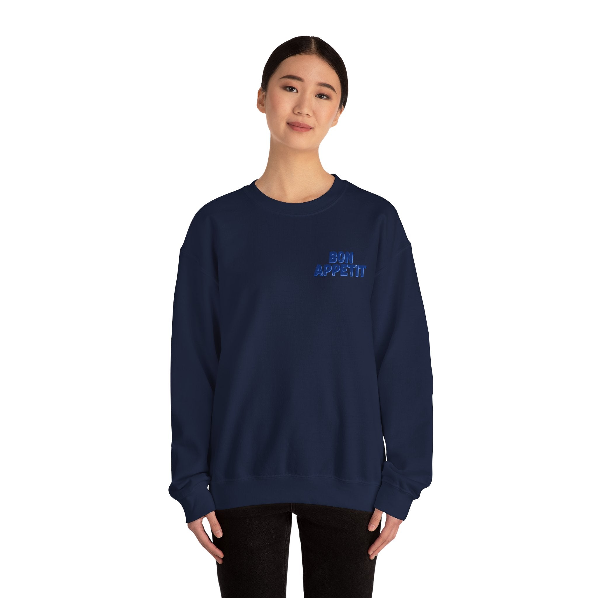 Crewneck Sweatshirt — 'Bon Appettit' Pancake Smile Back Graphic