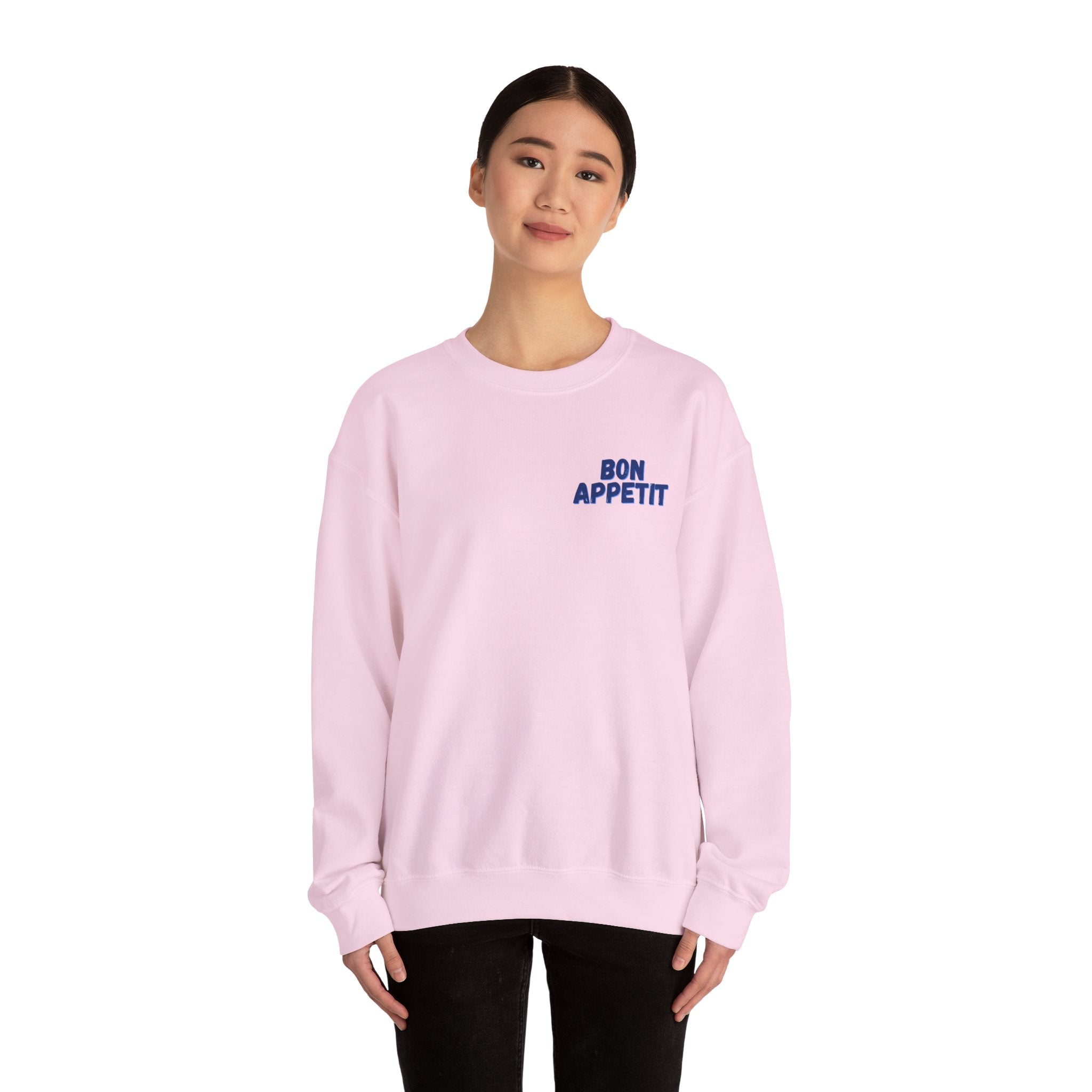 Crewneck Sweatshirt — 'Bon Appettit' Pancake Smile Back Graphic