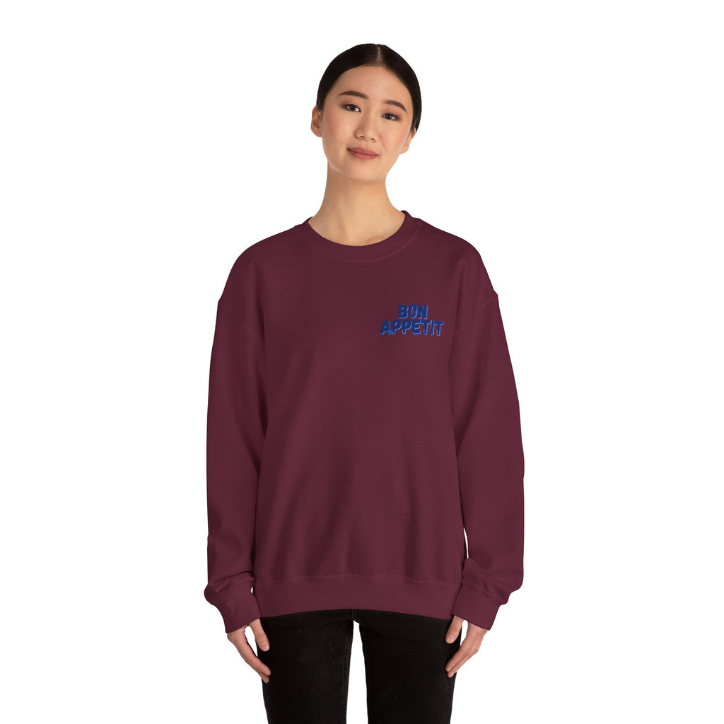 Crewneck Sweatshirt — 'Bon Appettit' Pancake Smile Back Graphic