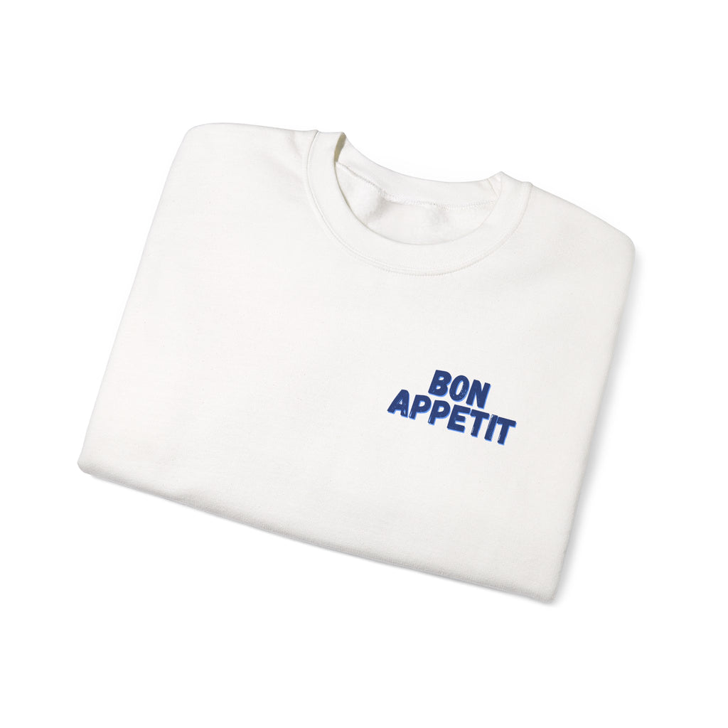 Crewneck Sweatshirt — 'Bon Appettit' Pancake Smile Back Graphic