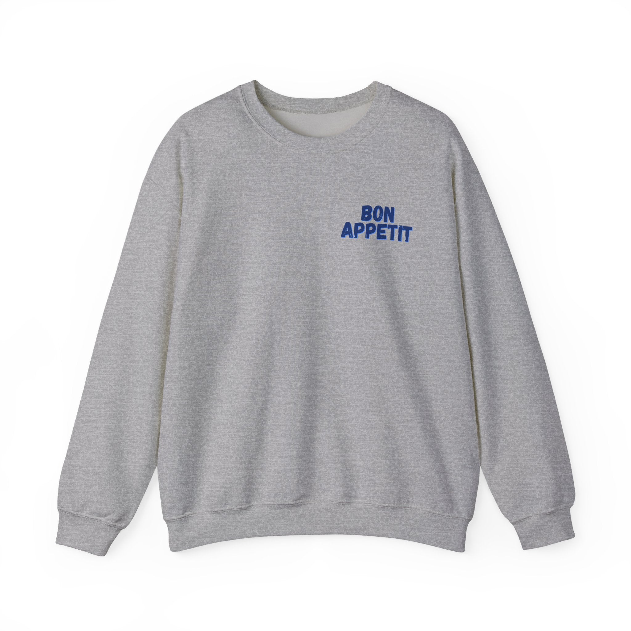 Crewneck Sweatshirt — 'Bon Appettit' Pancake Smile Back Graphic