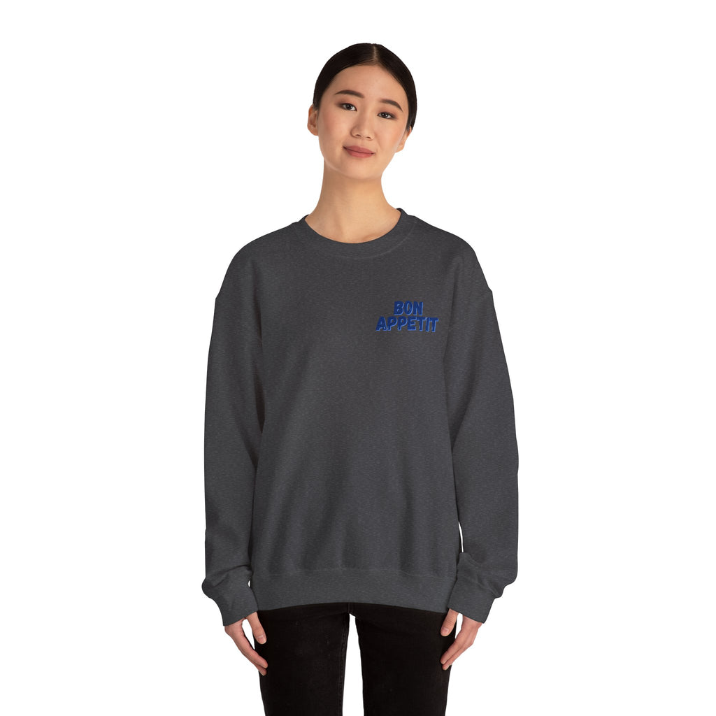 Crewneck Sweatshirt — 'Bon Appettit' Pancake Smile Back Graphic