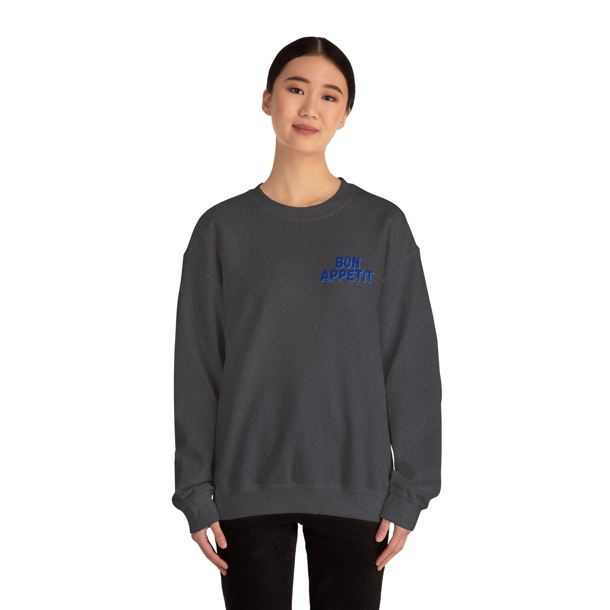 Crewneck Sweatshirt — 'Bon Appettit' Pancake Smile Back Graphic