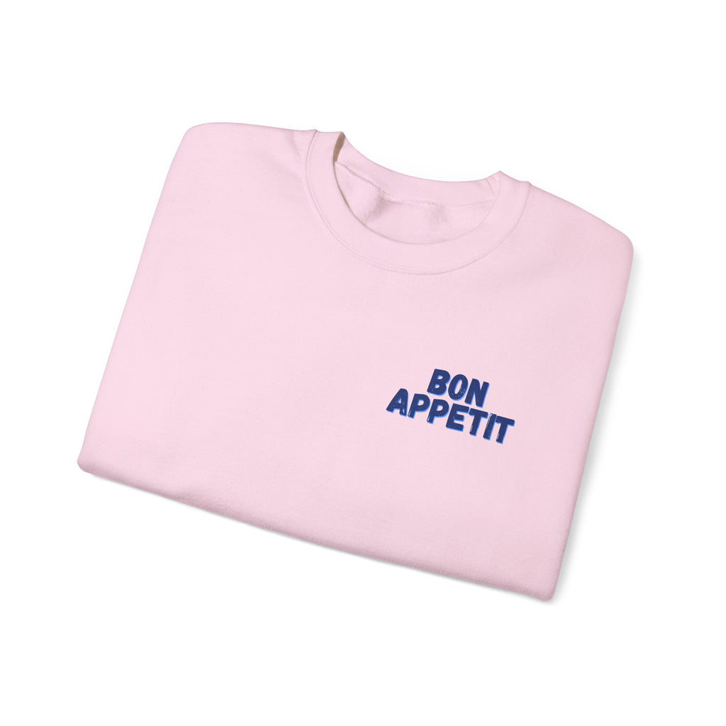 Crewneck Sweatshirt — 'Bon Appettit' Pancake Smile Back Graphic