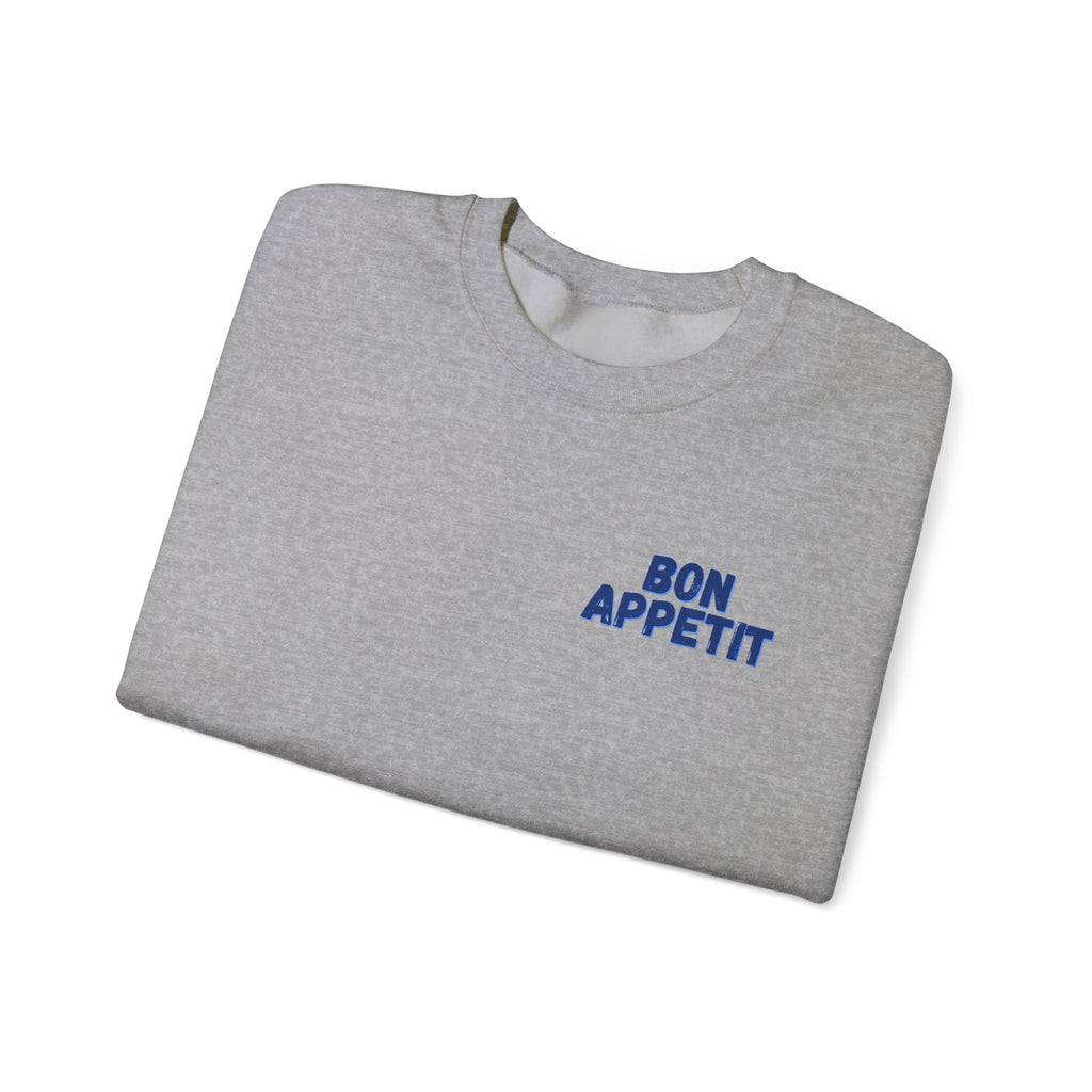 Crewneck Sweatshirt — 'Bon Appettit' Pancake Smile Back Graphic