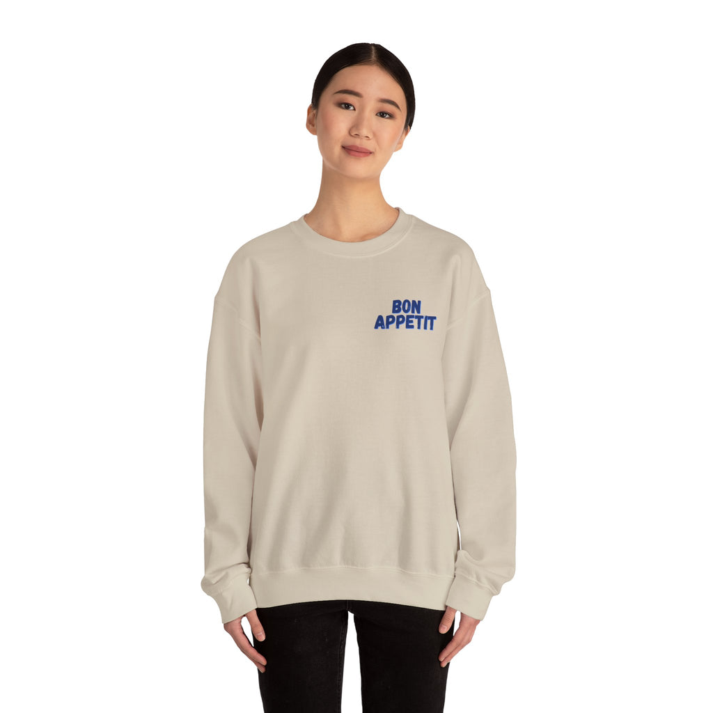 Crewneck Sweatshirt — 'Bon Appettit' Pancake Smile Back Graphic