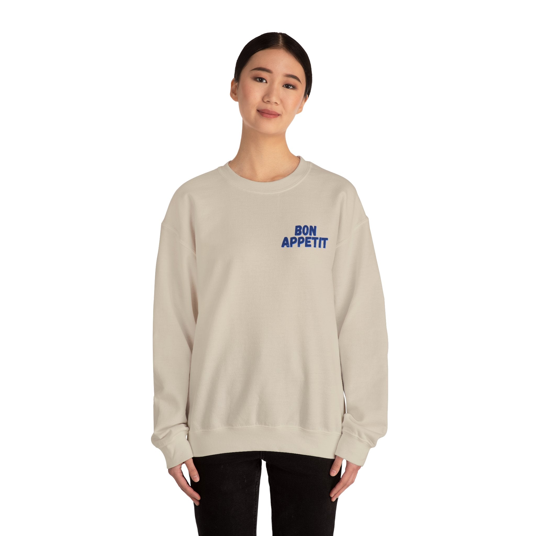 Crewneck Sweatshirt — 'Bon Appettit' Pancake Smile Back Graphic